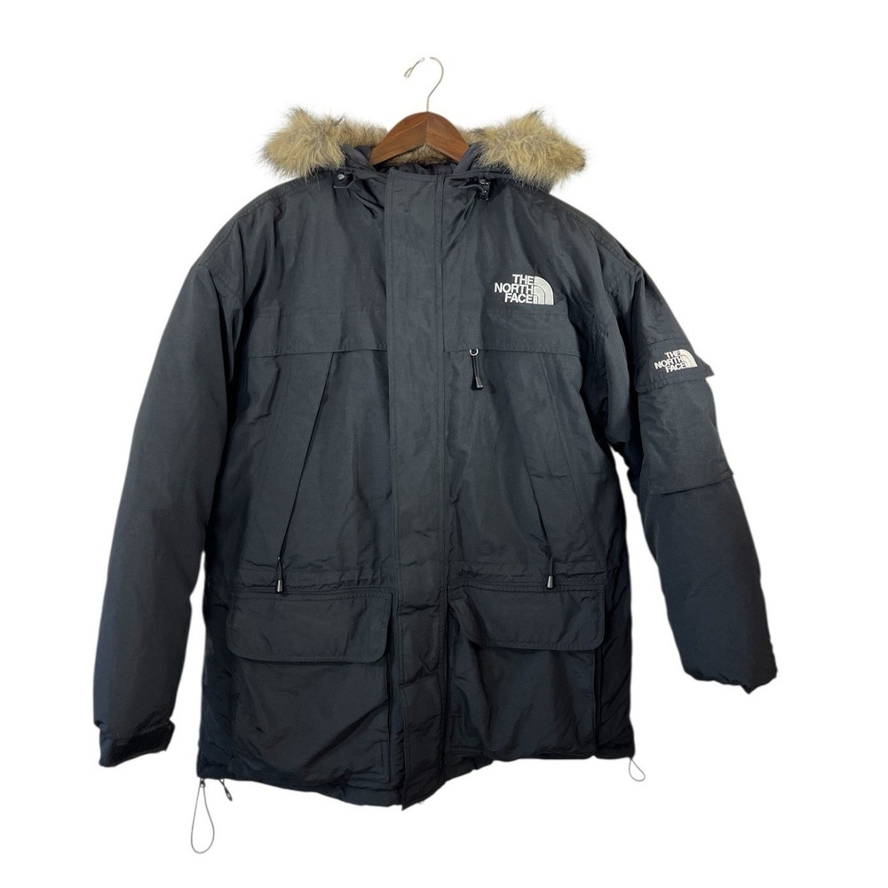 The North Face Mens Goose Down Parka Puffer Jacket L Black Fur‎ Hood Winter Warm